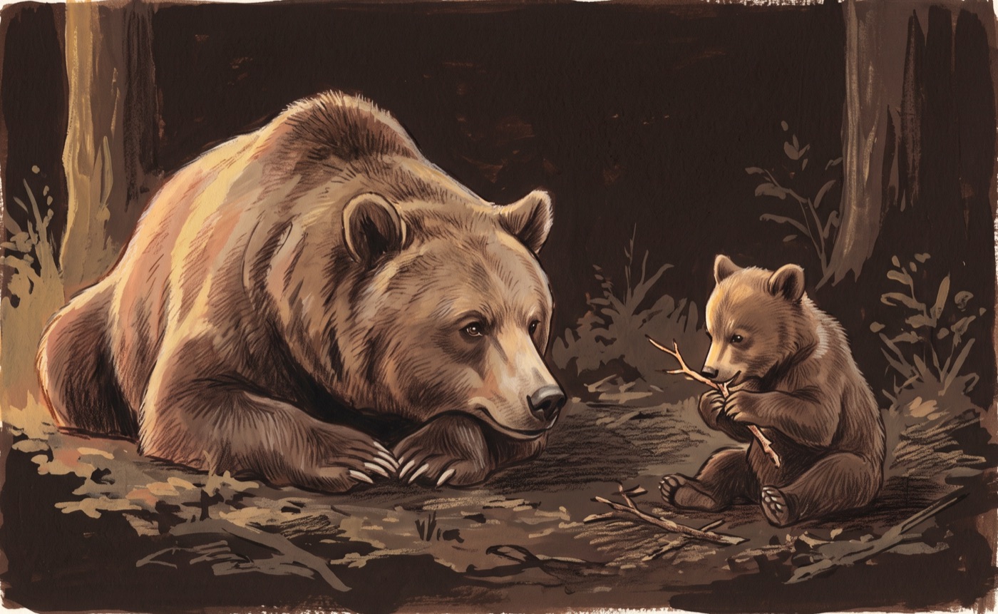 Ilustração de uma ursa deitada observando o filhote, que brinca com um graveto ao lado dela.